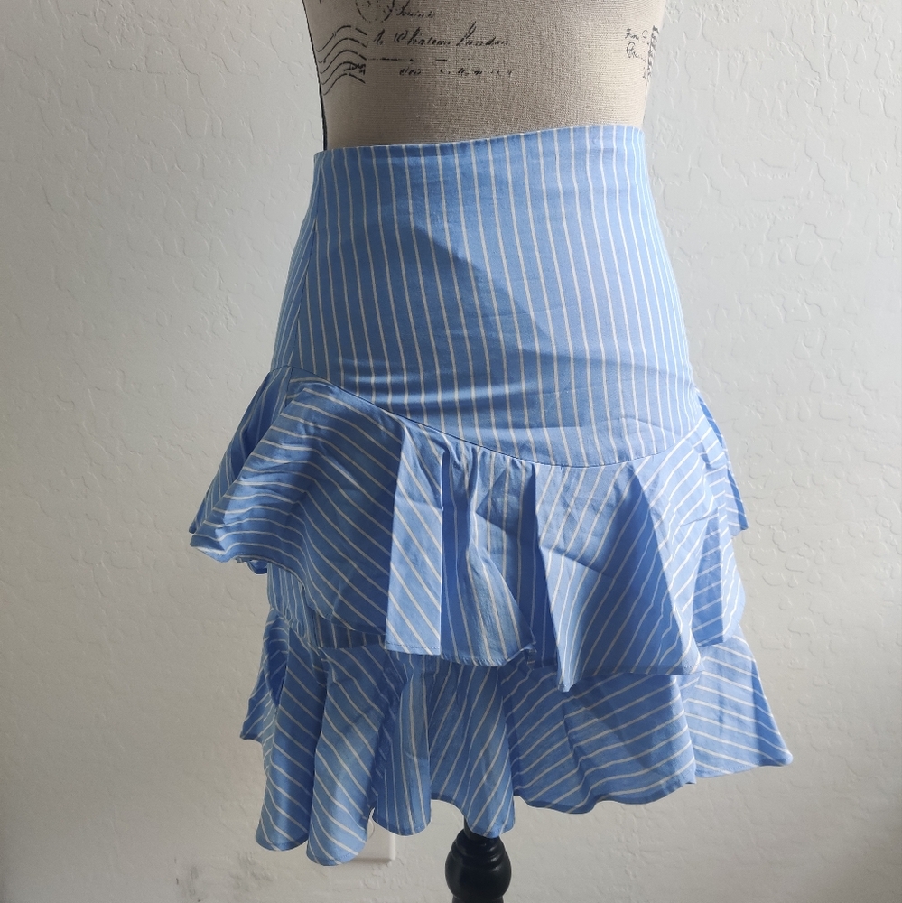 Fame and Partners Sky Blue 100% cotton Pinstripe tiered ruffle Midi Skirt_2